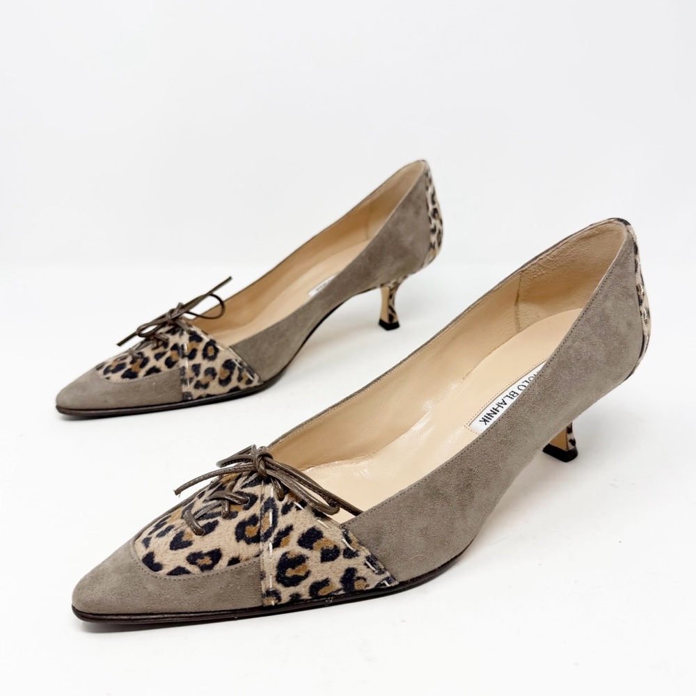 Manolo Blahnik Suede Leopard Print Bow Pointed Toe Heels Womens EU 40